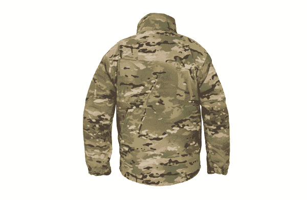 Back view of camouflaged Gen 6 waterproof jacket